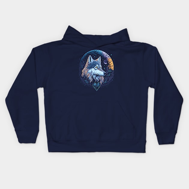 Wolf At Night Time Kids Hoodie by ElMass